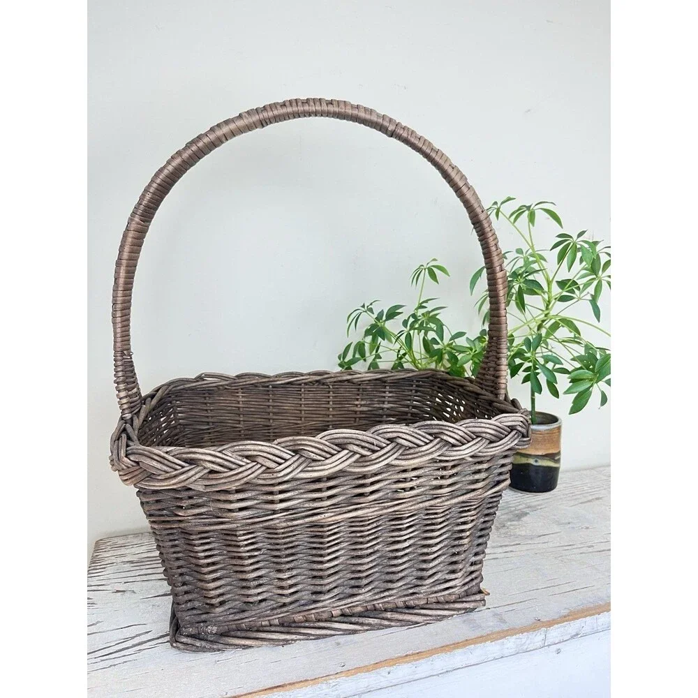 Vintage Rustic Mid Century Dark Brown Primitive Gathering Basket High Handle 18”